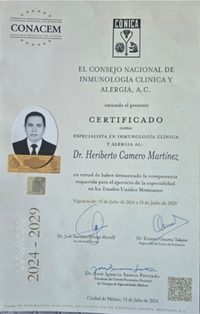Certificación médica del Dr. Heriberto Camero